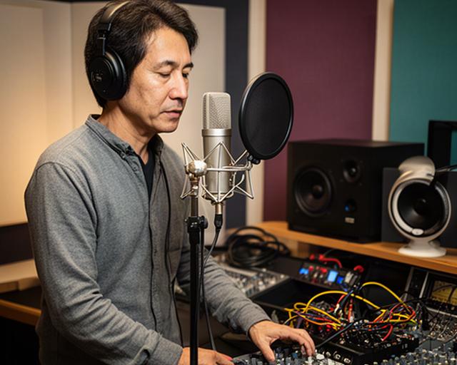 録音スタジオのマイク前で音響機材を確認する代表エンジニア