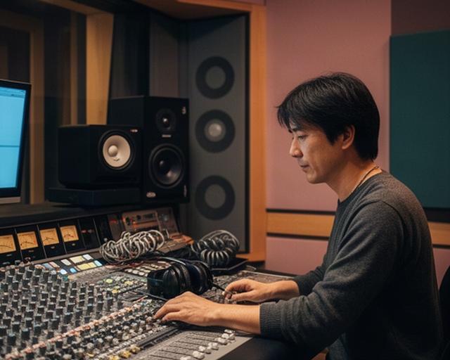 津島市の録音スタジオでコンソールを確認する音響エンジニア