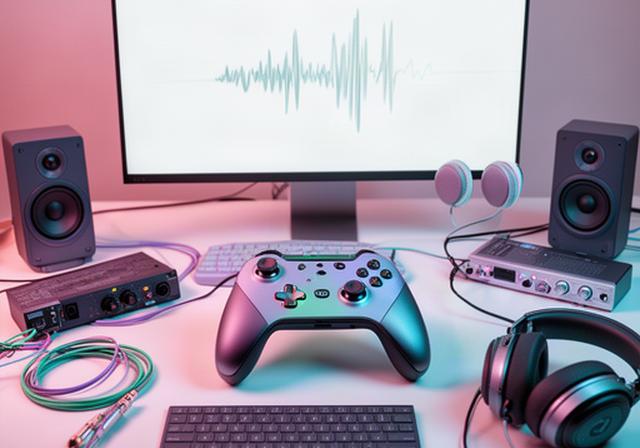 ゲームパッドと音声編集機材を囲むサウンドデザイナーの作業机