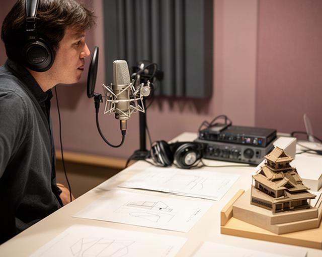 展示資料を確認しながら観光施設の音声ガイドを収録するスタジオ風景