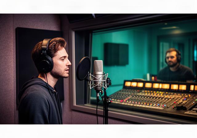 録音ブースでキャラクターボイスを収録する声優と、操作卓を見守る音声エンジニア